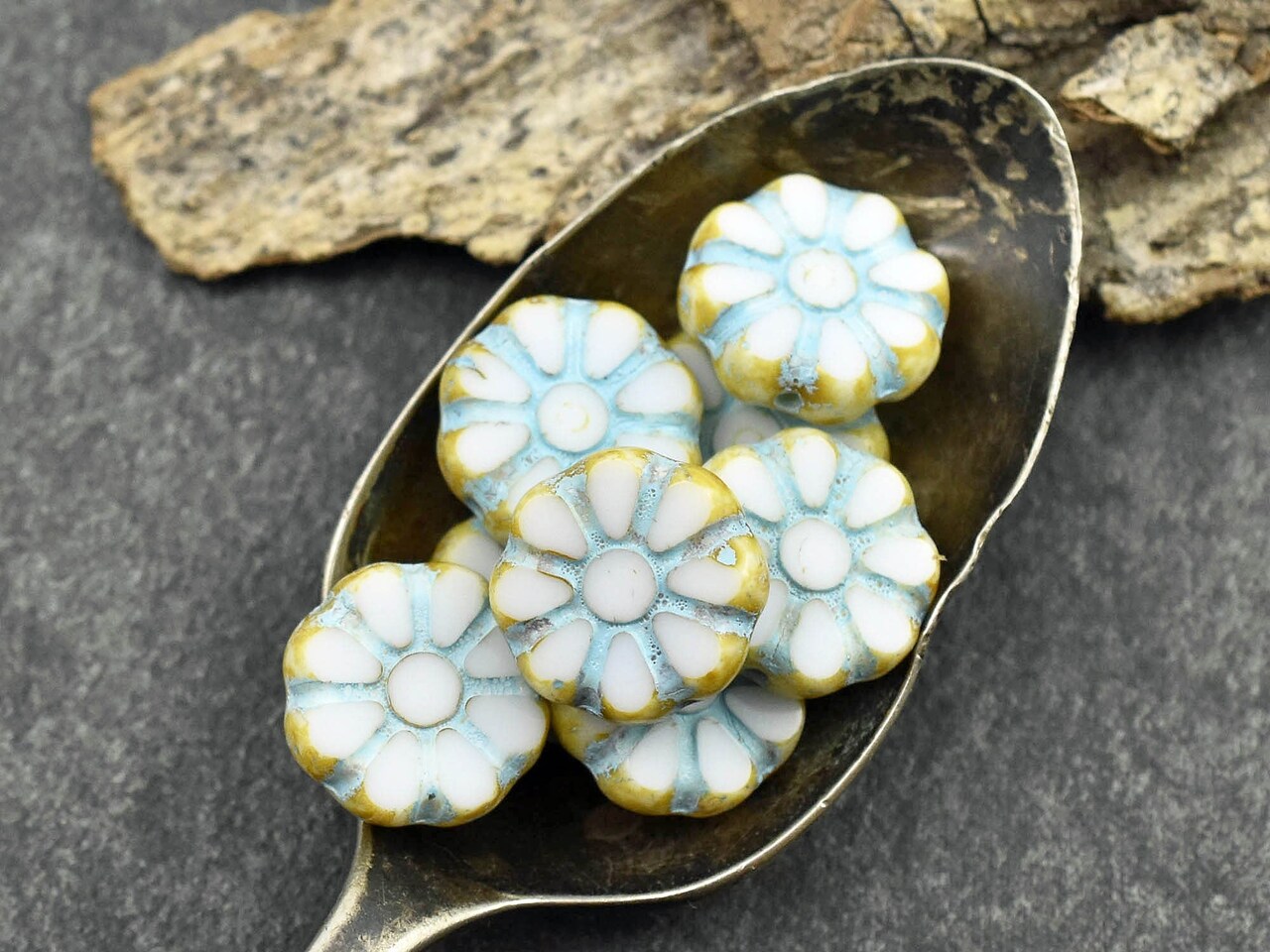 *8* 12mm Turquoise Washed Alabaster Travertine Cosmo Flower Beads